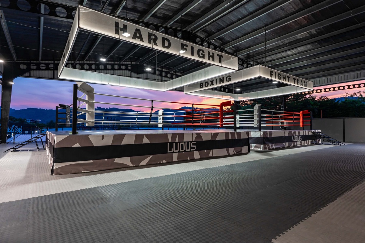 Rooftop boxing ring at LUDUS Phuket at sunset