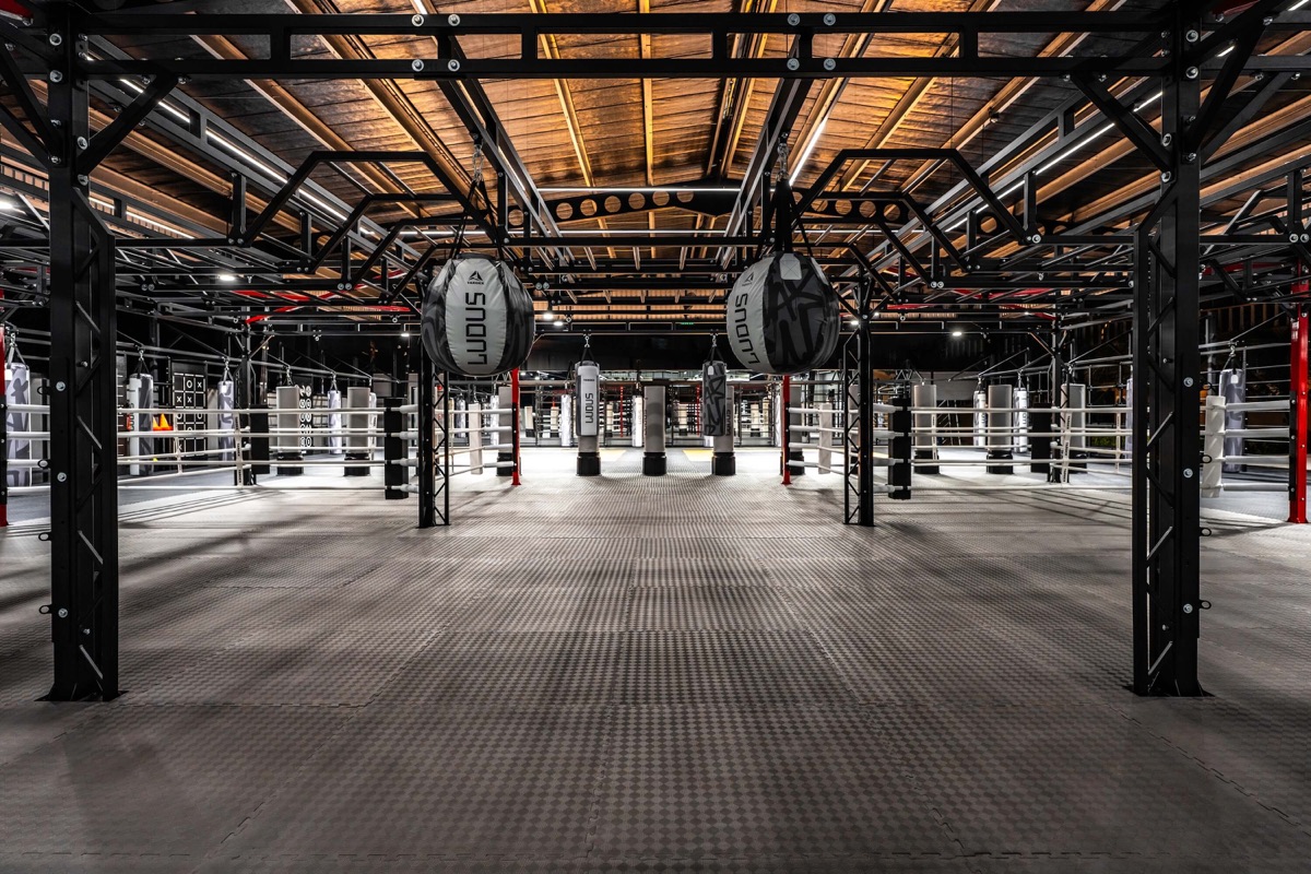 The main training hall at LUDUS, with several rings under a timber roof