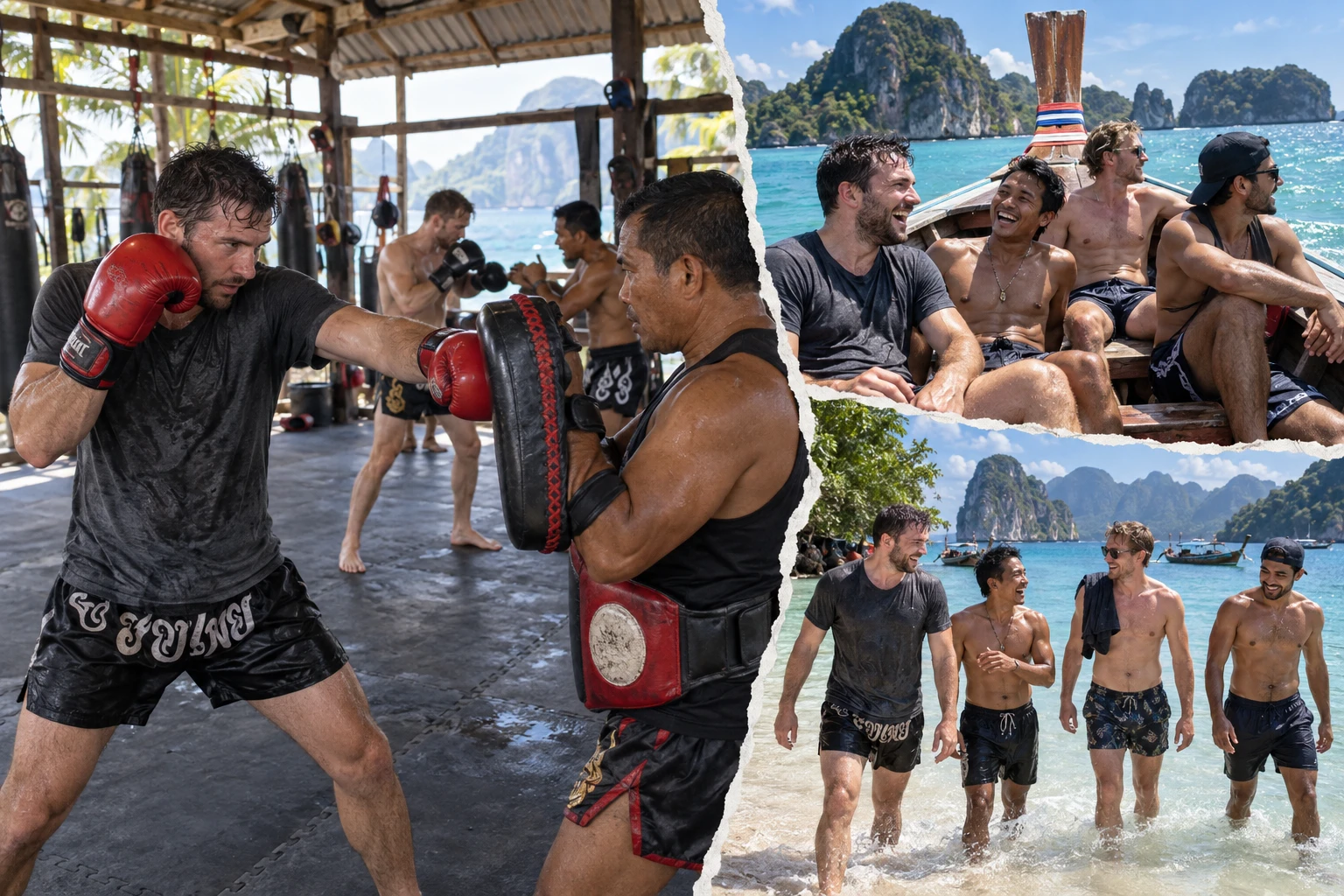 Pad training in an open-air gym, a long-tail boat among limestone islands, and friends walking out of the sea